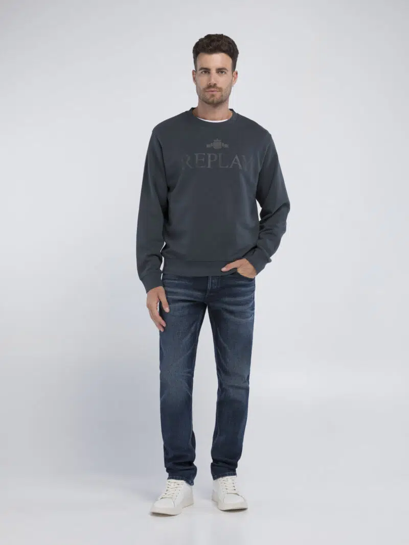 ocean blue sweatshirt with archival logo