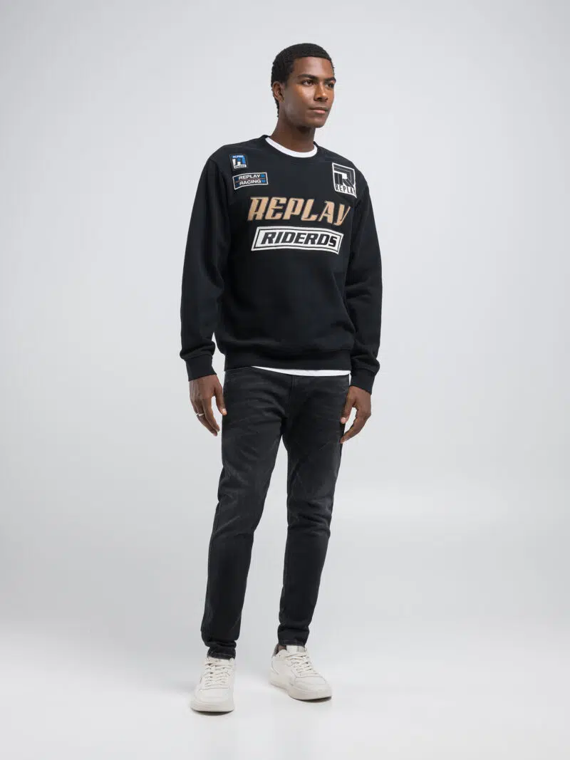 black sweatshirt with patch and lettering