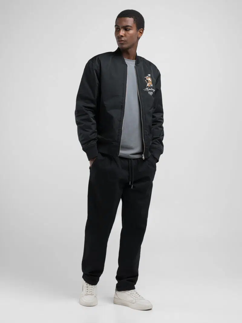 poly satin black bomber jacket with tiger