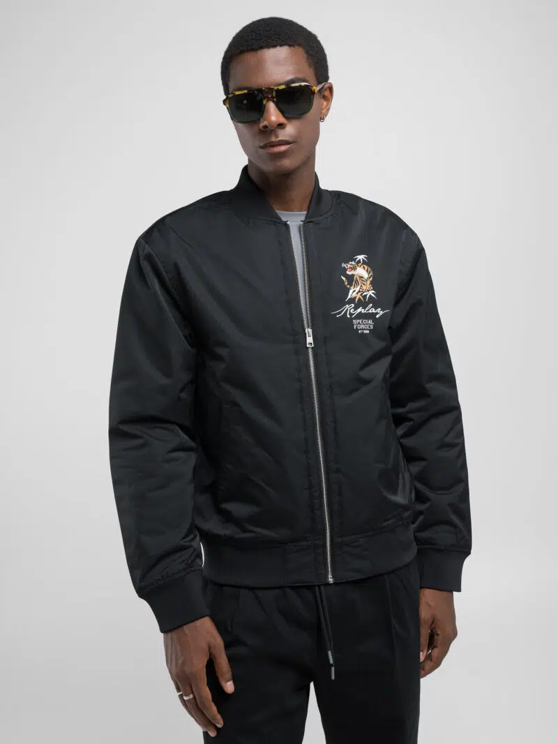 poly satin black bomber jacket with tiger