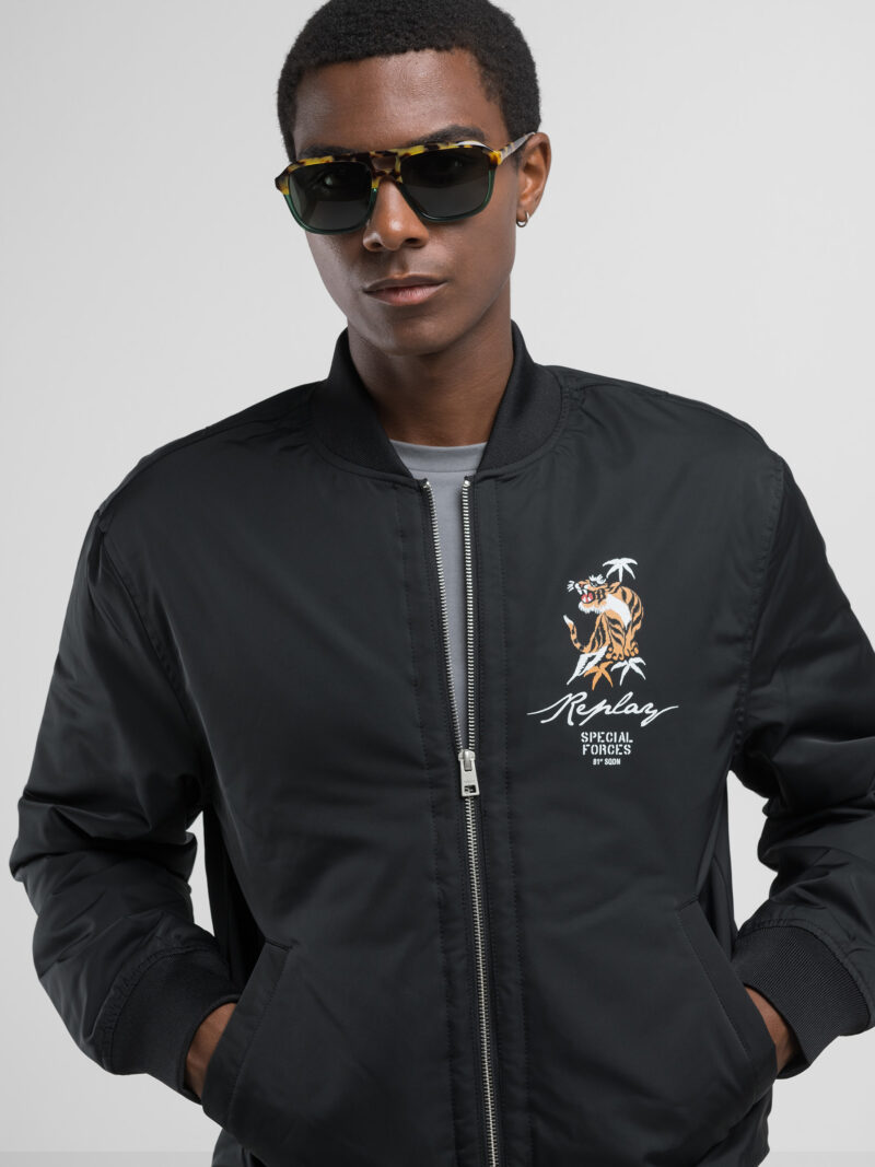 poly satin black bomber jacket with tiger