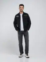 shirt charcoal jacket with lettering and appliqués