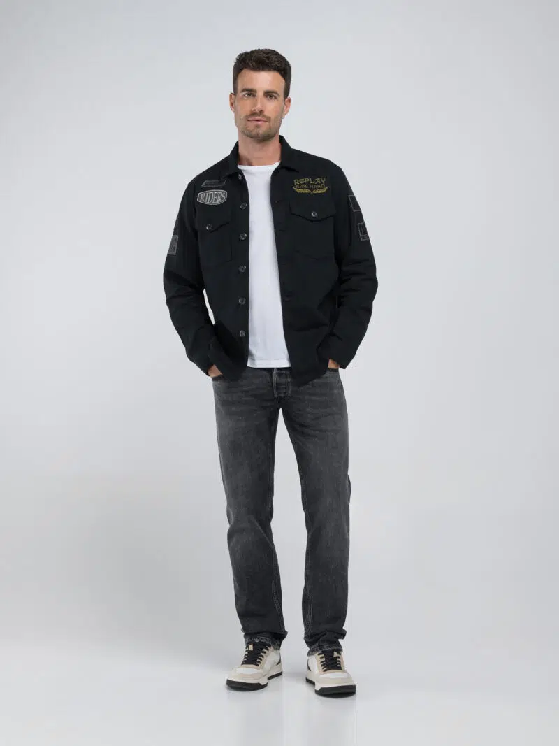 shirt charcoal jacket with lettering and appliqués