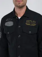 shirt charcoal jacket with lettering and appliqués
