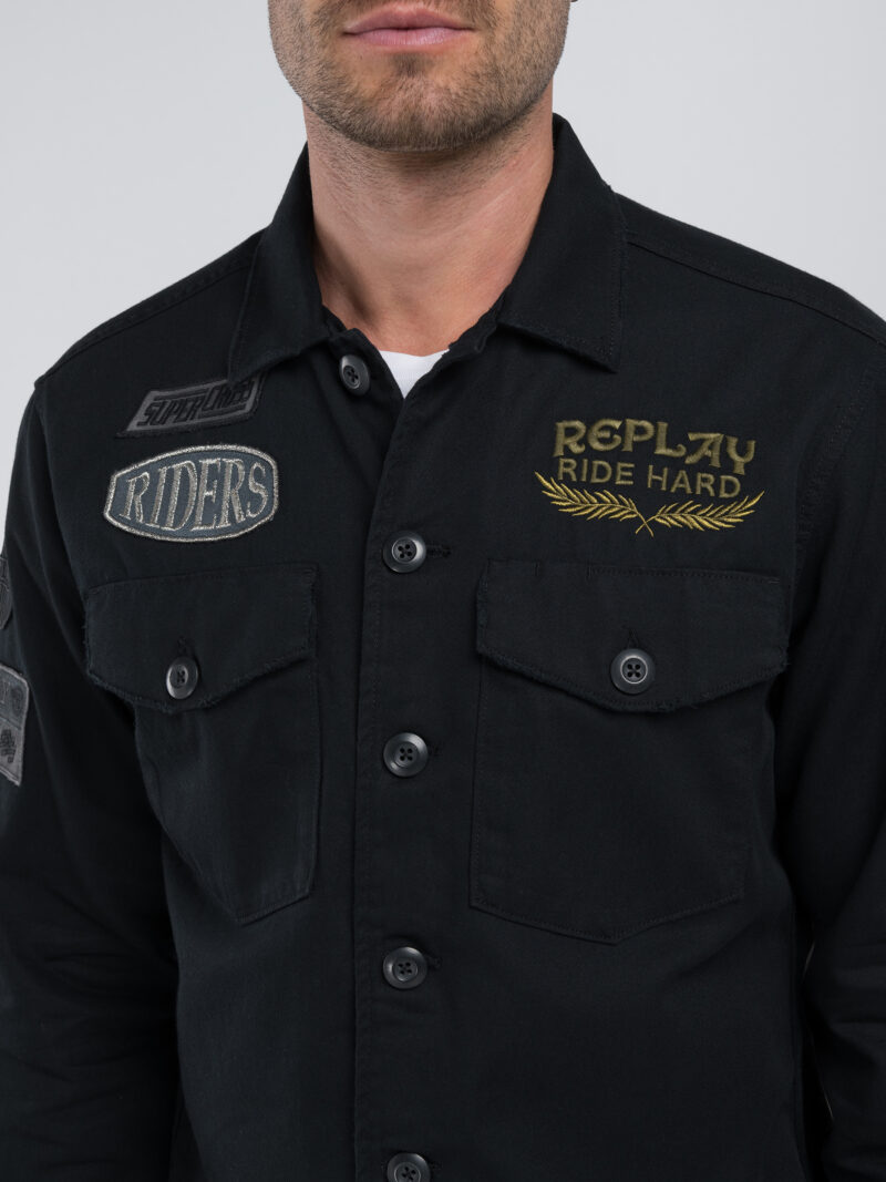 shirt charcoal jacket with lettering and appliqués