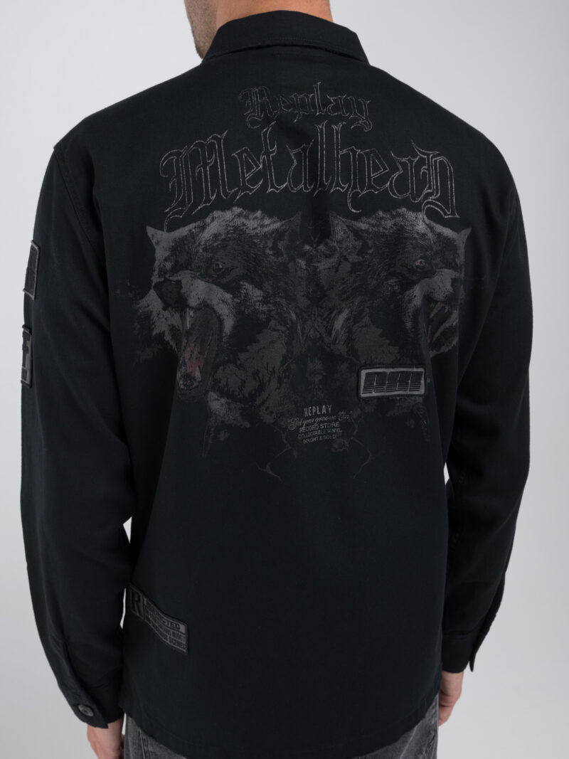 shirt charcoal jacket with lettering and appliqués