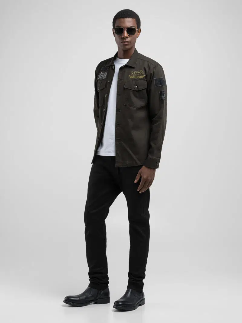shirt dark olive jacket with lettering and appliqués