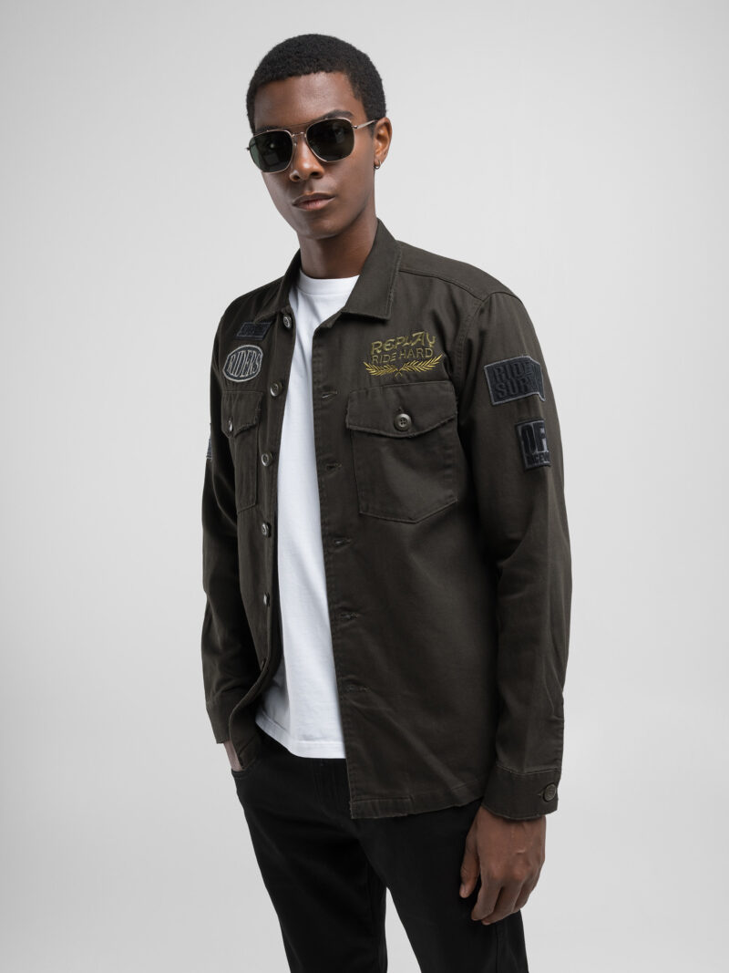 shirt dark olive jacket with lettering and appliqués