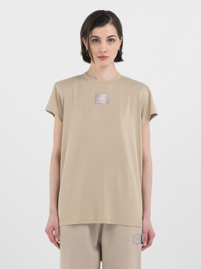 light coffee boxy jersey t shirt with logo