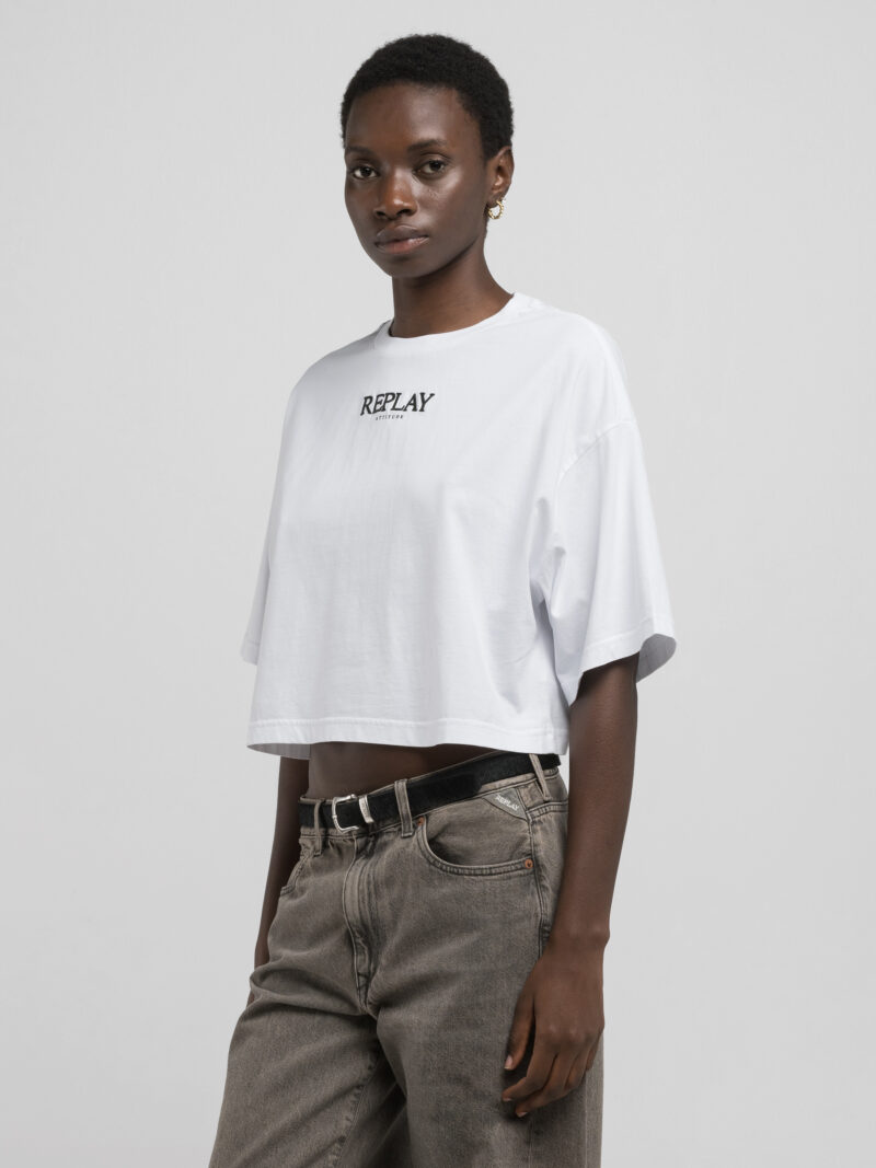 white cropped jersey t shirt with embroidery