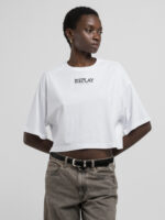 white cropped jersey t shirt with embroidery