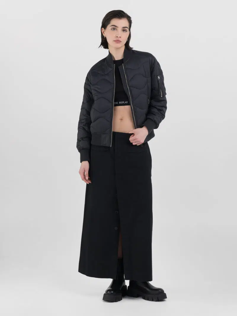 black short full zip quilted jacket