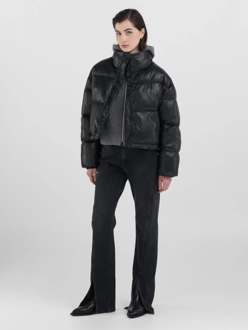 cropped padded and quilted black jacket