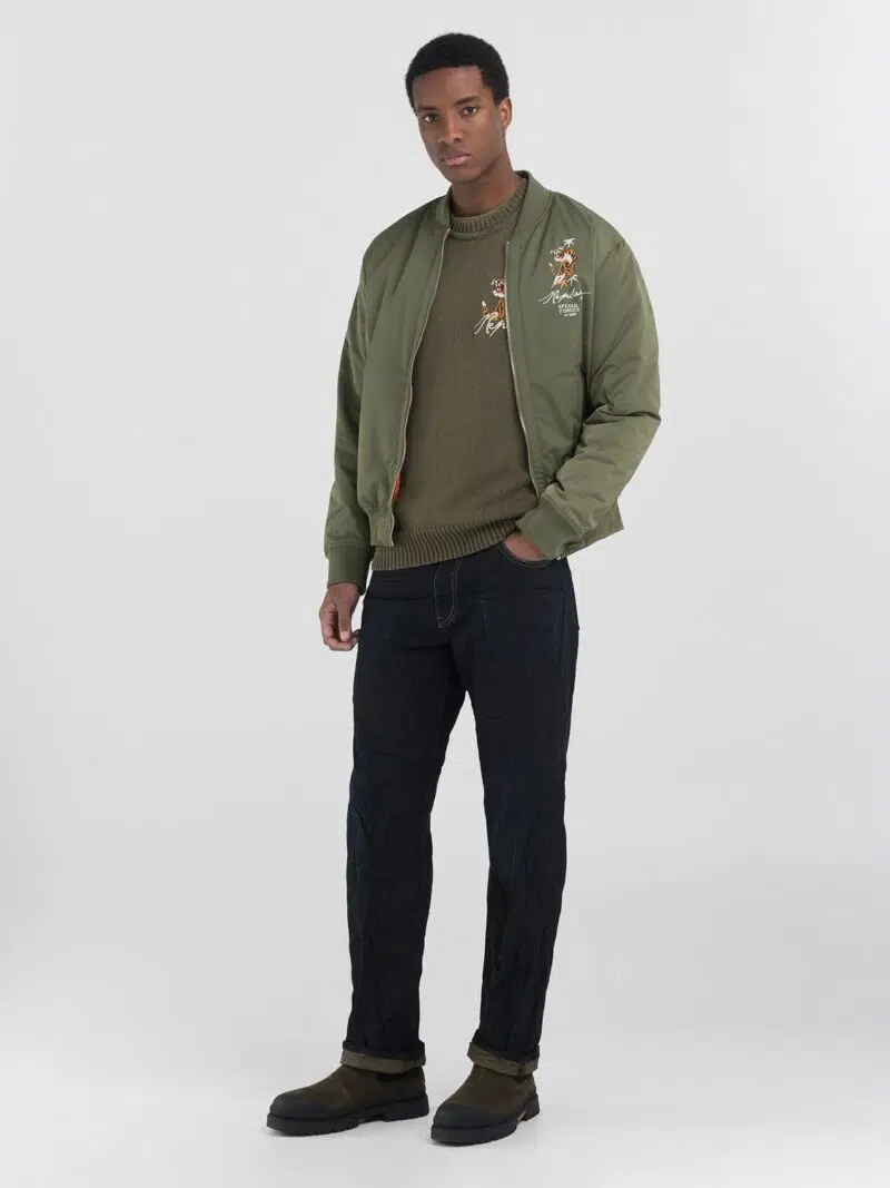 army green poly satin bomber jacket with tiger