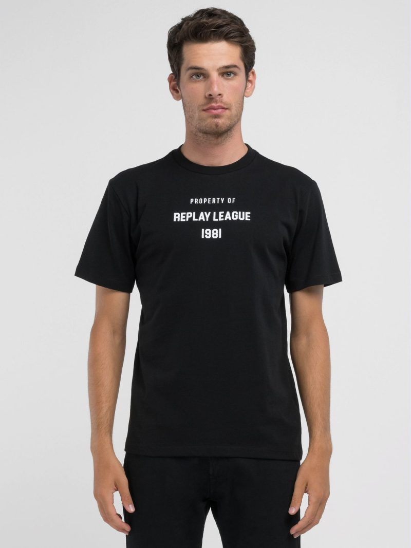 black jersey t shirt with white lettering