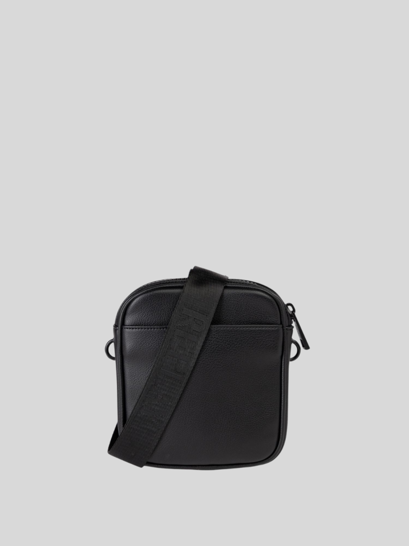 black bag with branded shoulder strap