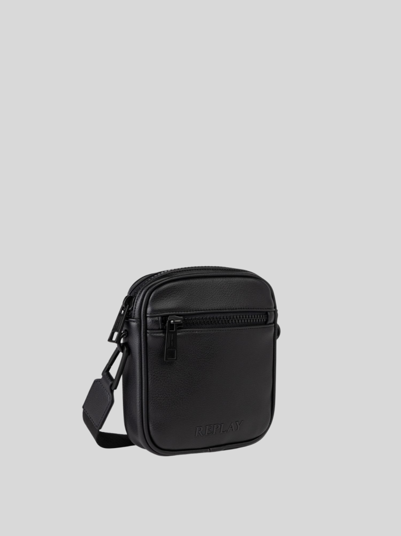 black bag with branded shoulder strap