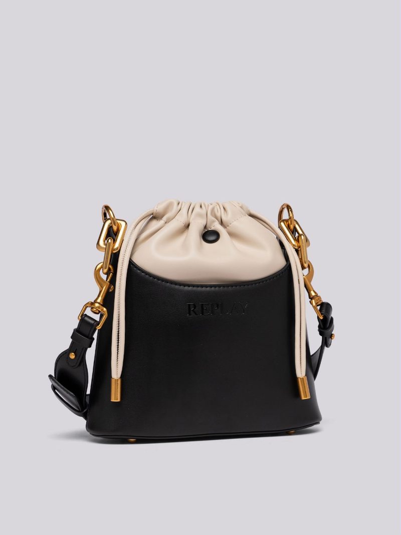black and nude bucket bag with laces