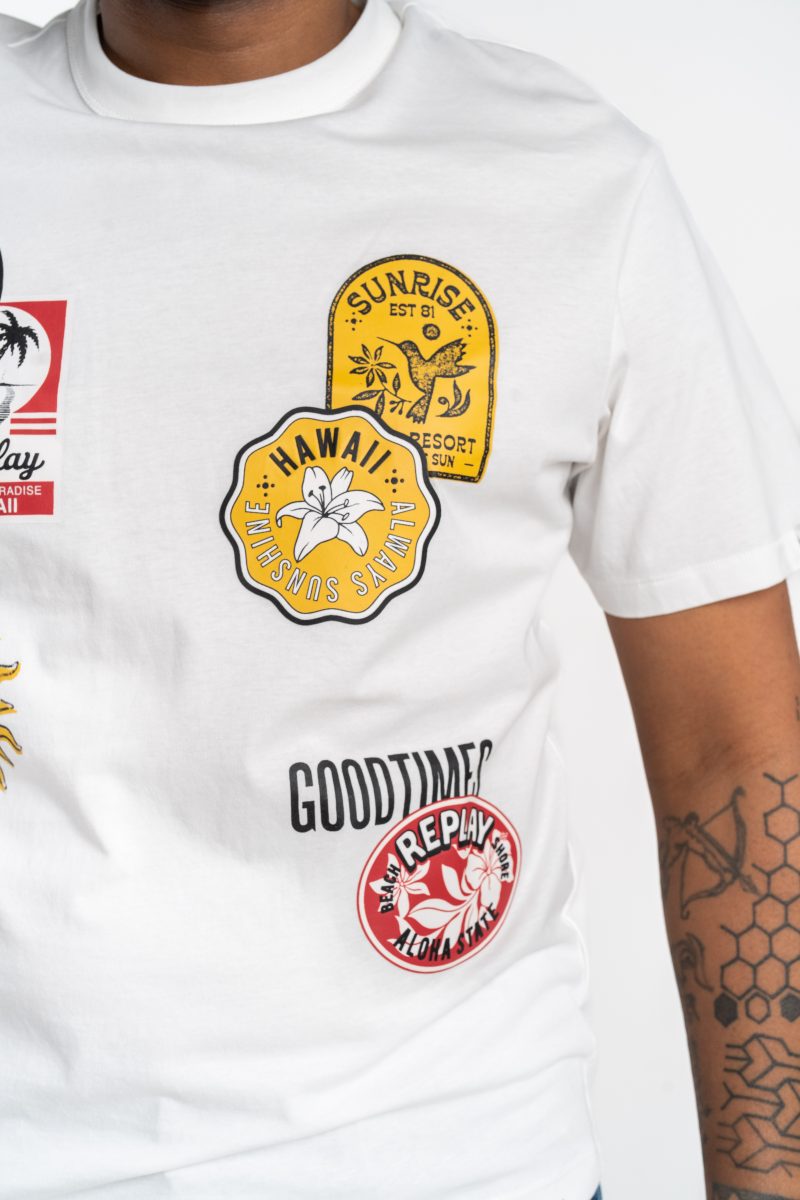 natural white t shirt with patch effect print