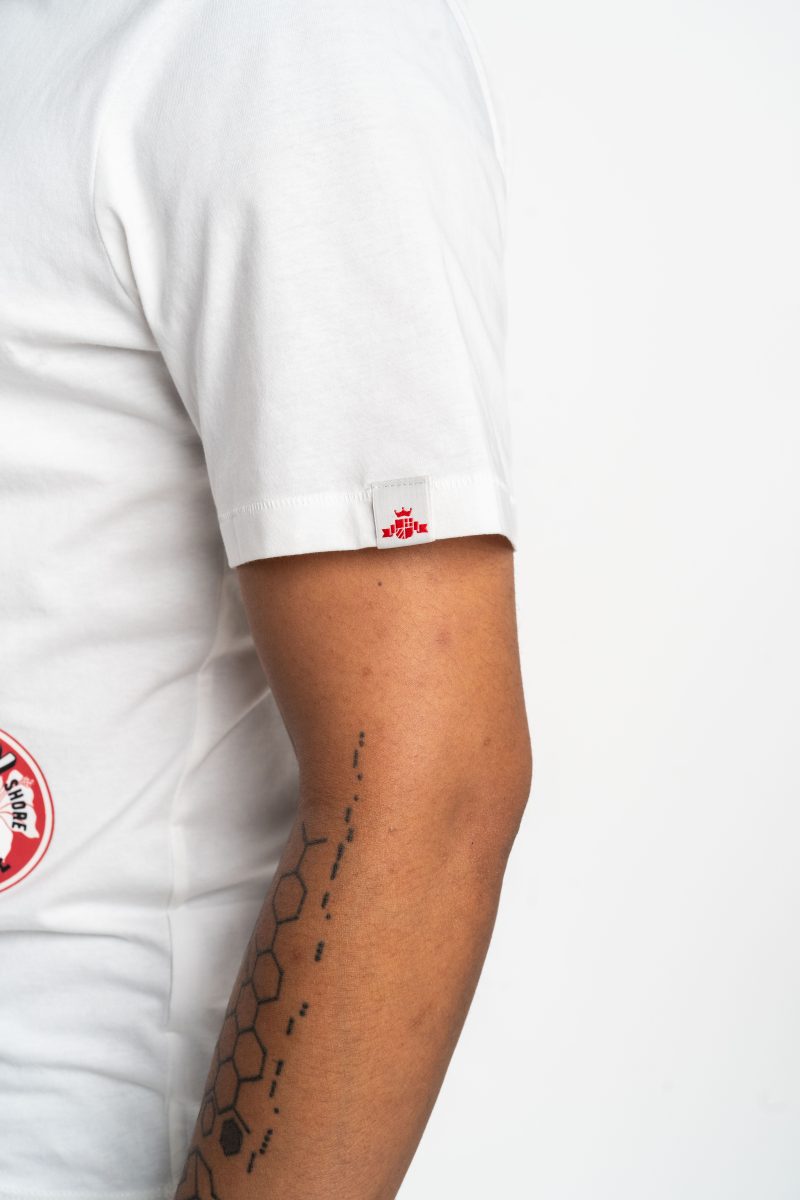 natural white t shirt with patch effect print