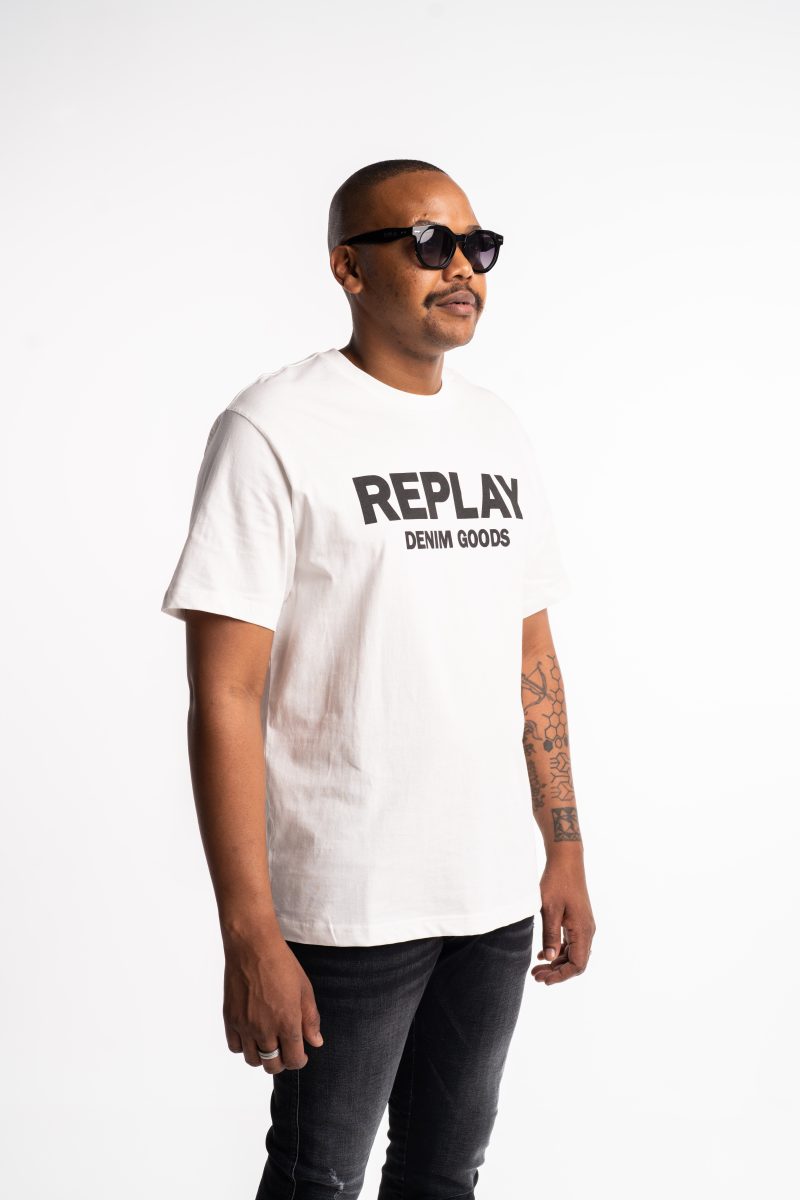 black cotton t shirt with red and white lettering (copy)