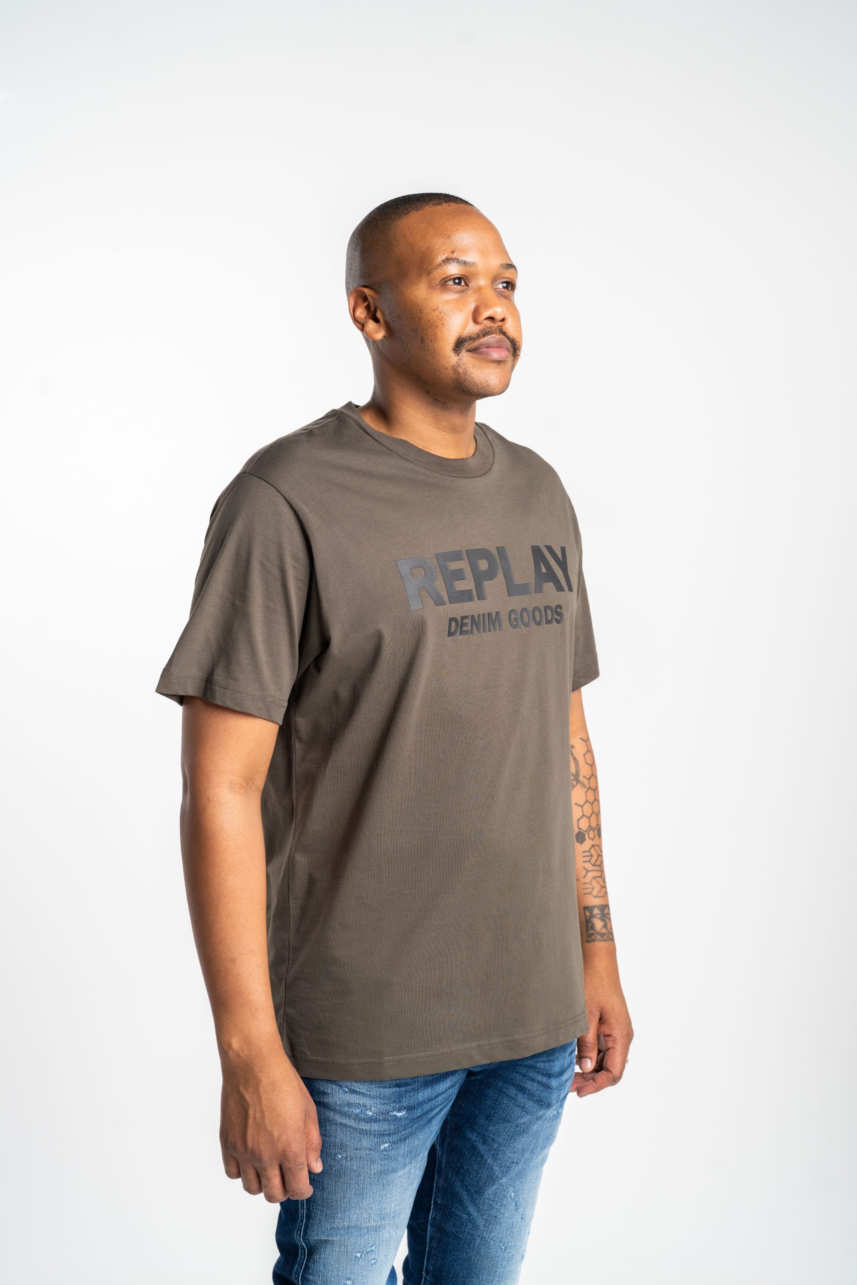 Mud Green Cotton T-Shirt with Black Lettering - Replay Jeans