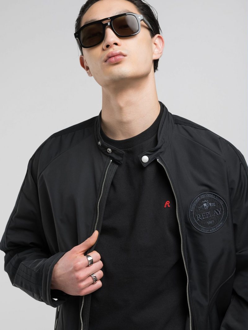 black jersey t shirt with r embroidery