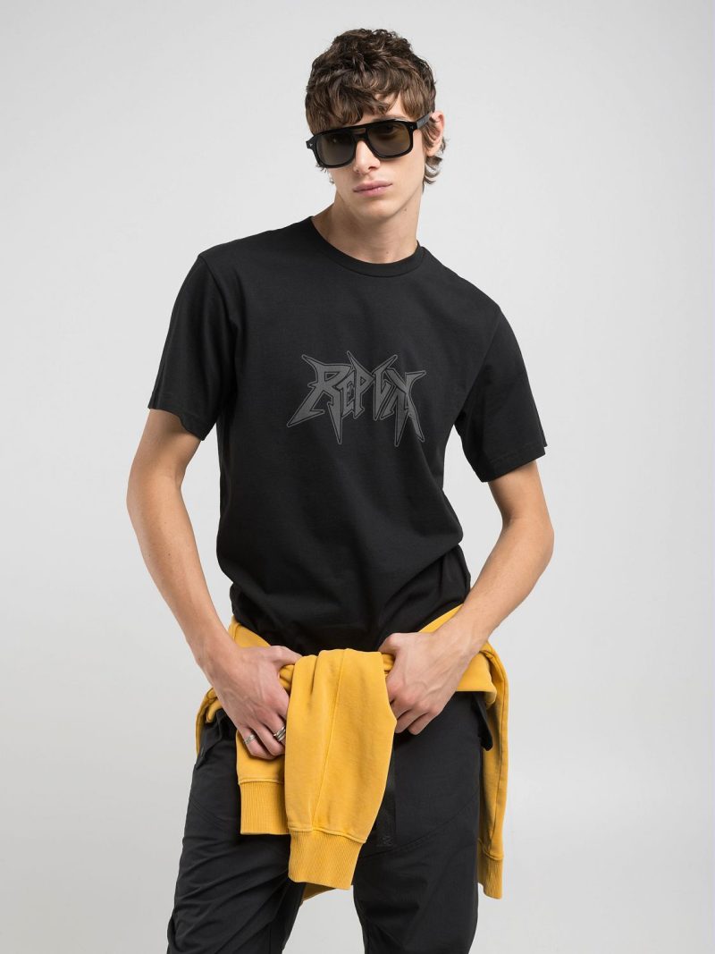 black t shirt with graffiti lettering