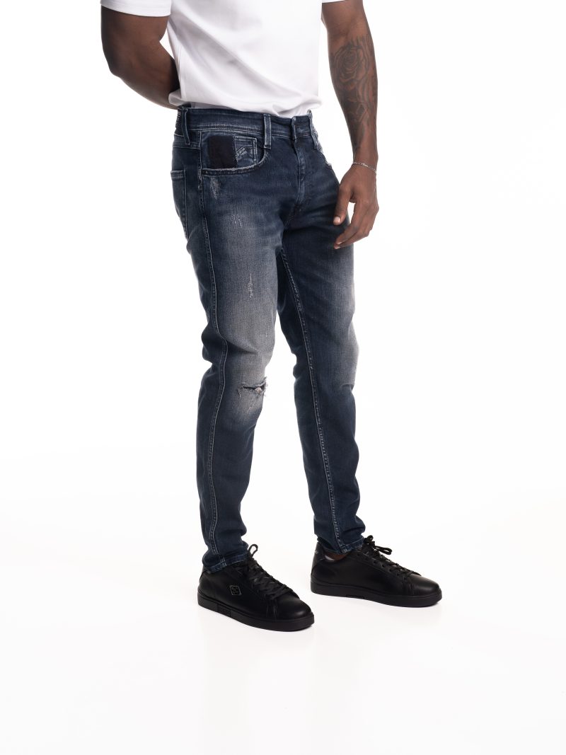 dark blue 10.5 oz blue/black stretch denim coated blue super slim bronny jeans