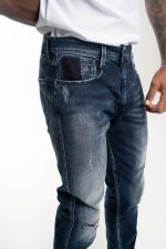 dark blue 10.5 oz blue/black stretch denim coated blue super slim bronny jeans