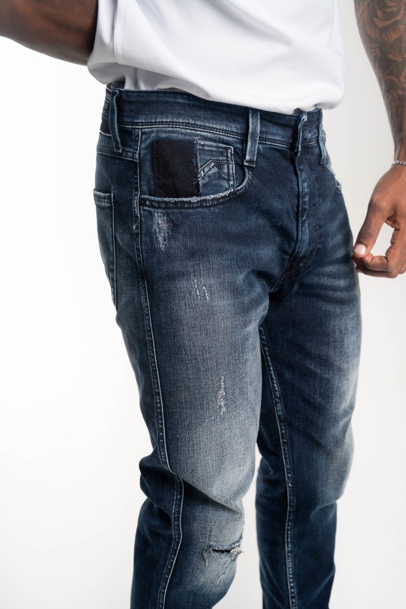 dark blue 10.5 oz blue/black stretch denim coated blue super slim bronny jeans