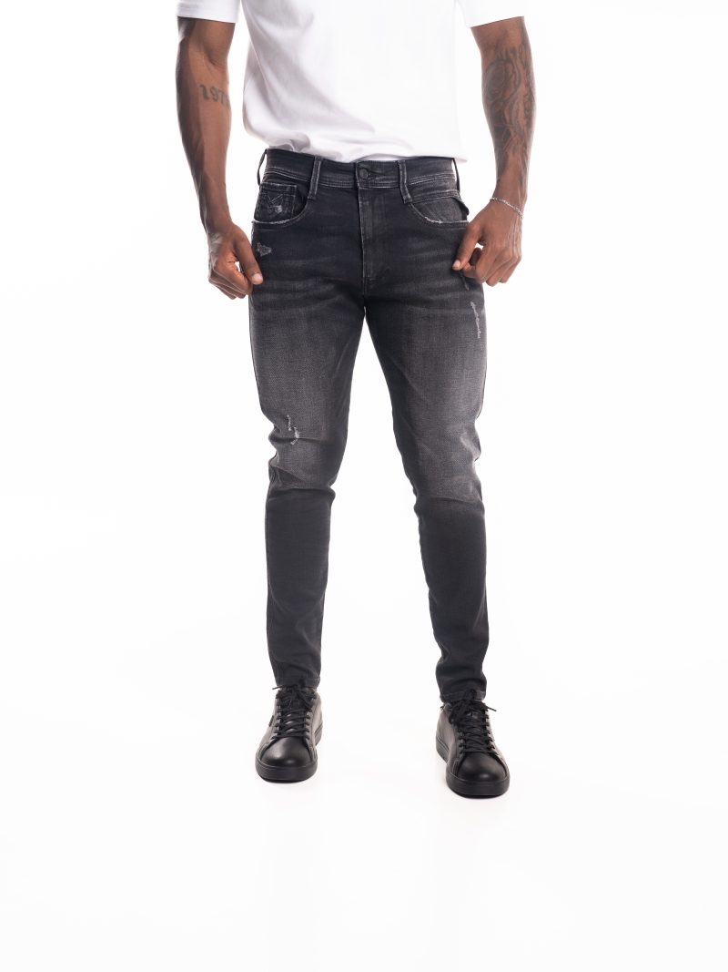 black delave 10.5 oz black stretch denim coated blue super slim bronny jeans