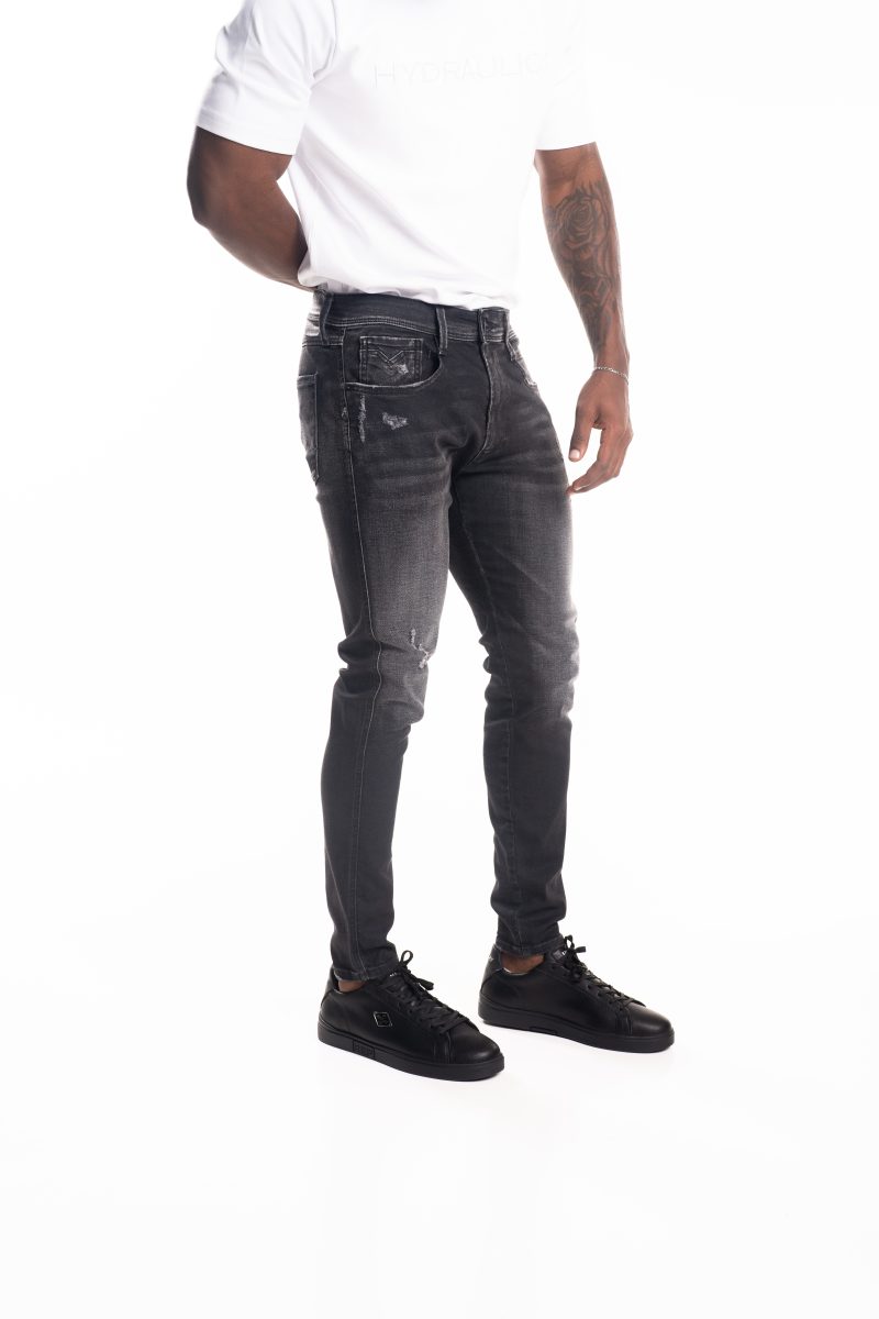 black delave 10.5 oz black stretch denim coated blue super slim bronny jeans