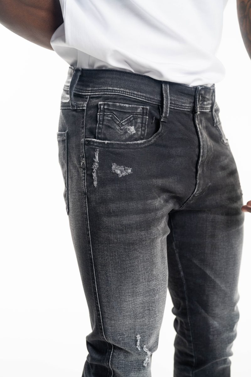black delave 10.5 oz black stretch denim coated blue super slim bronny jeans