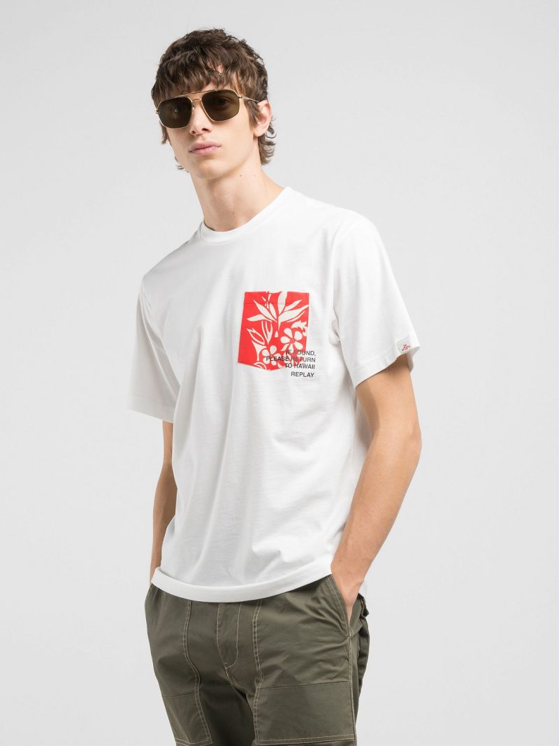 white t shirt with printed pocket