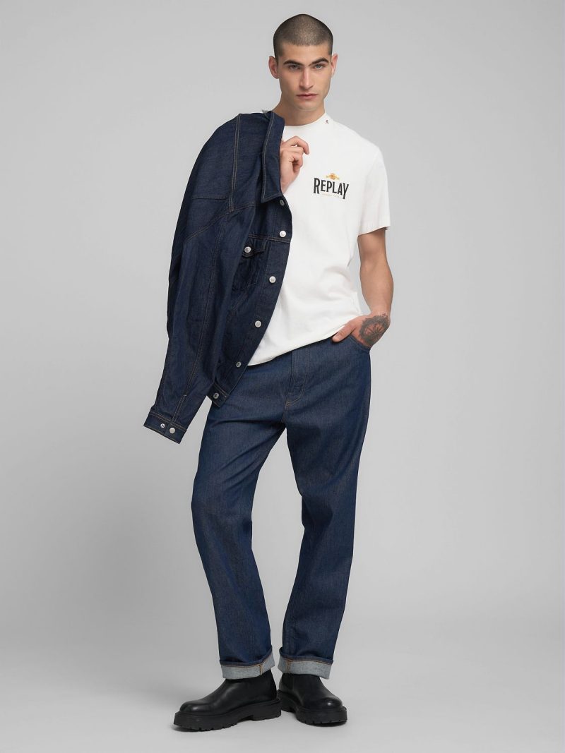 natural white crew neck t shirt with archival print