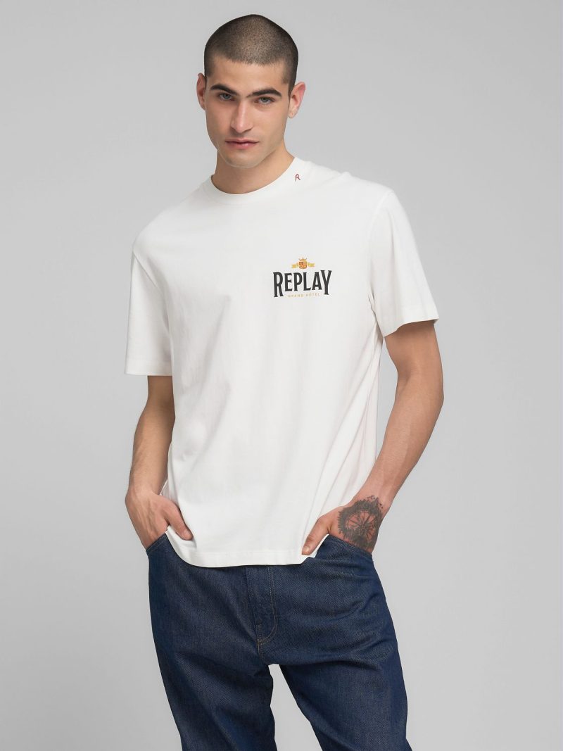 natural white crew neck t shirt with archival print