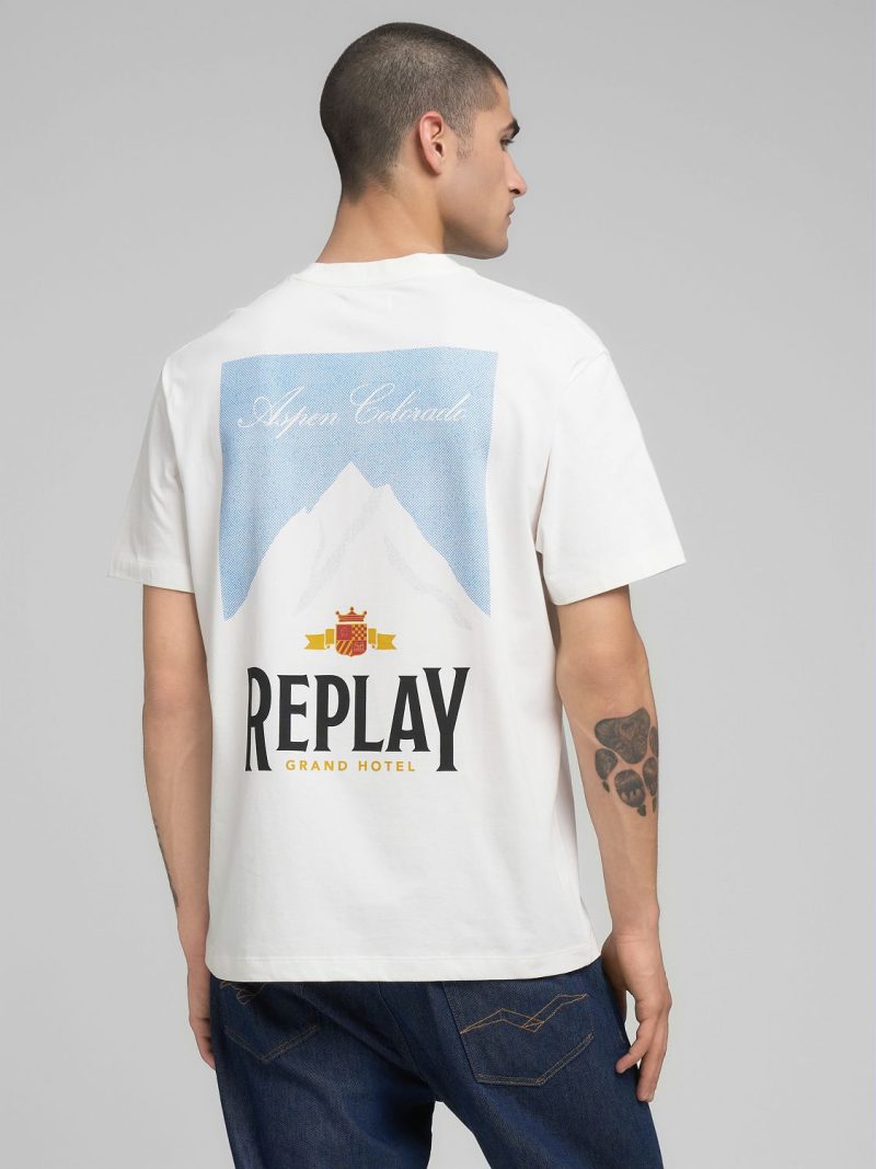 natural white crew neck t shirt with archival print