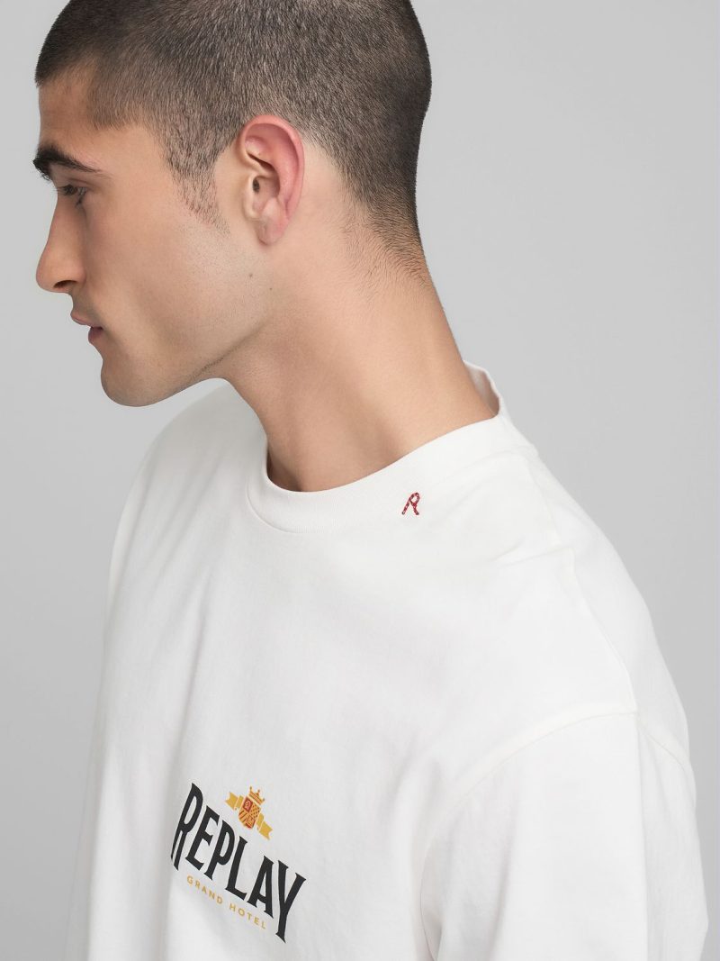 natural white crew neck t shirt with archival print