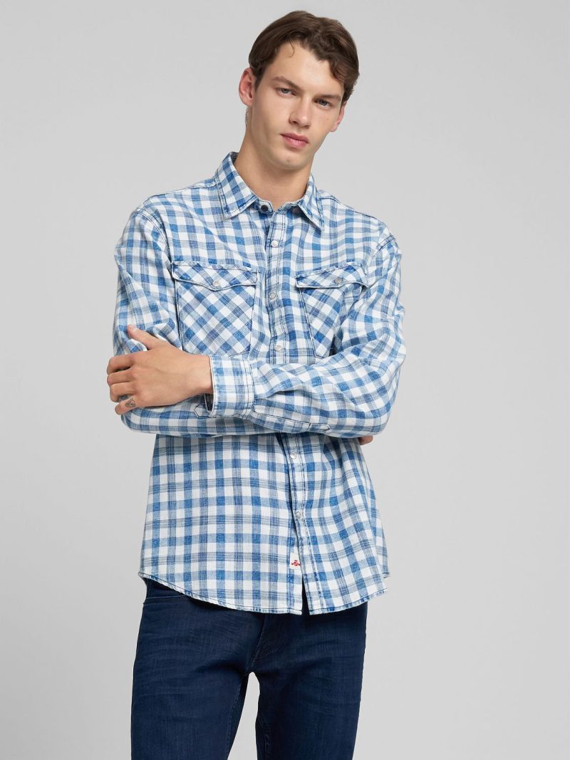 light indigo natural white chequered cotton shirt