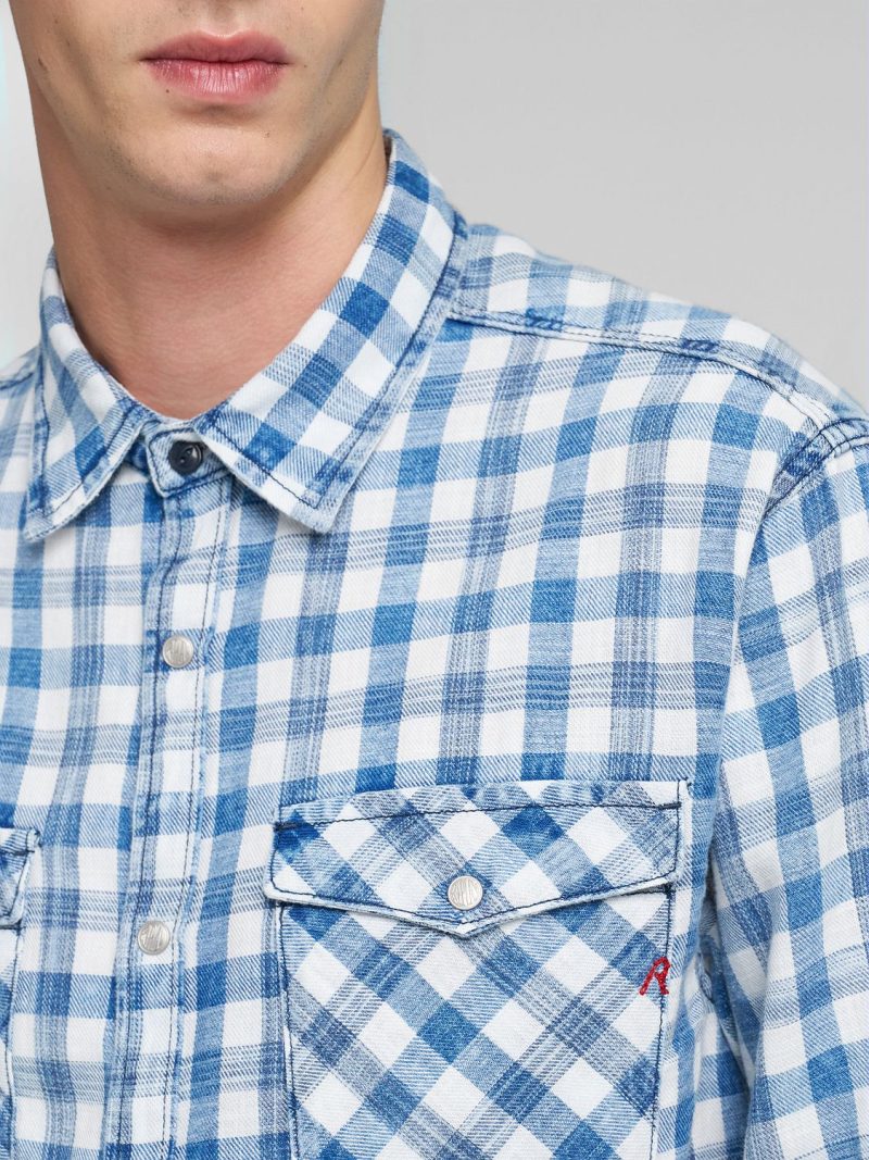 light indigo natural white chequered cotton shirt
