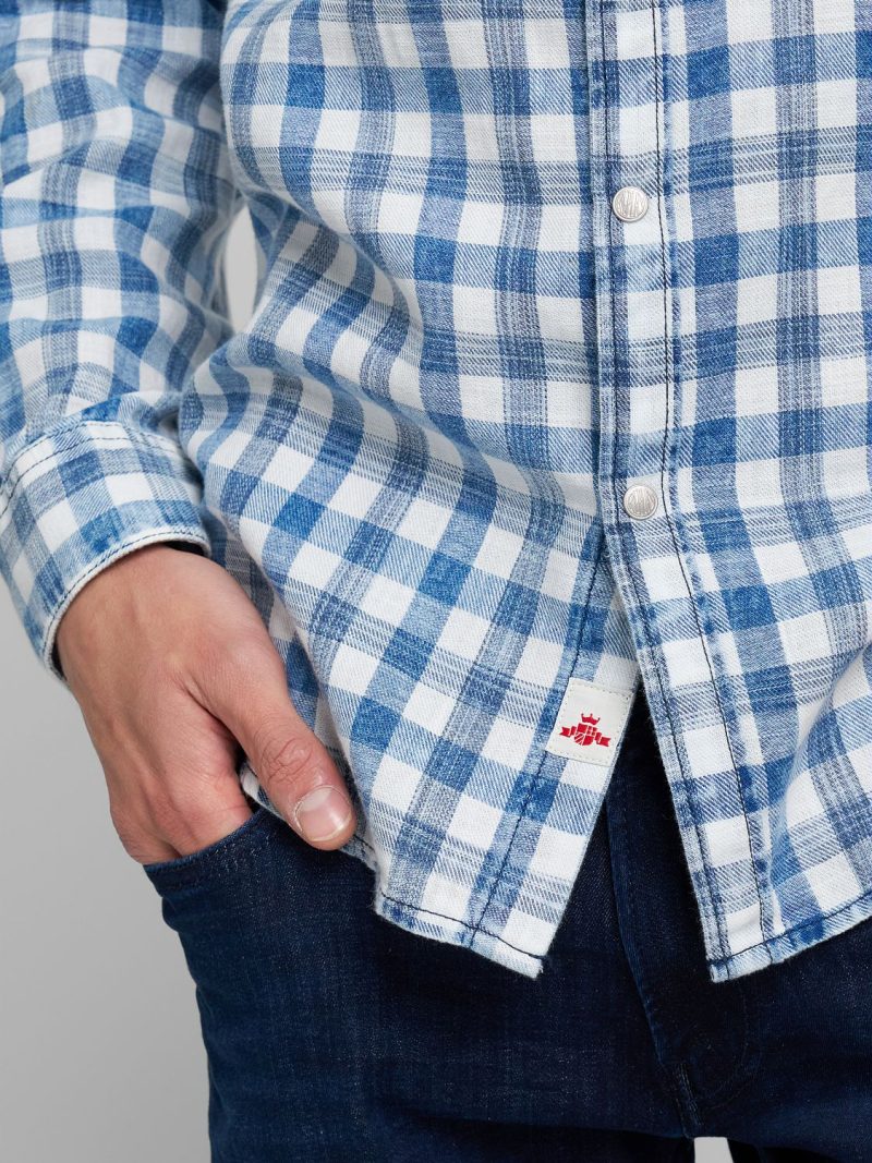 light indigo natural white chequered cotton shirt