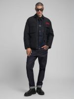padded rider jacket with patch black nylon twill