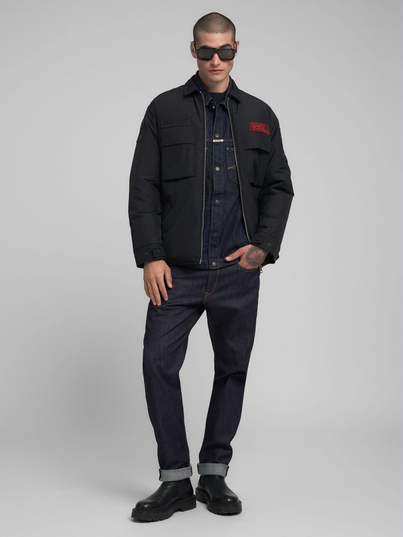 padded rider jacket with patch black nylon twill