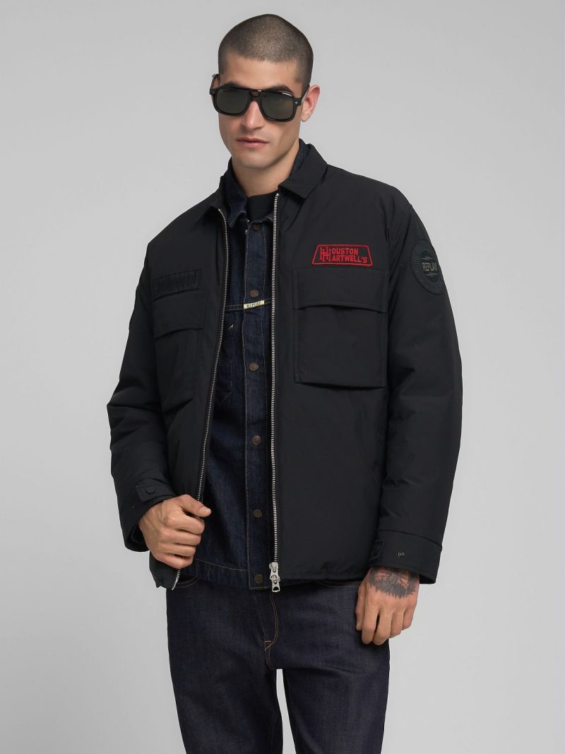 padded rider jacket with patch black nylon twill