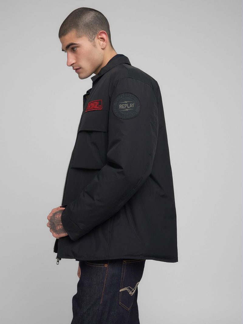 padded rider jacket with patch black nylon twill