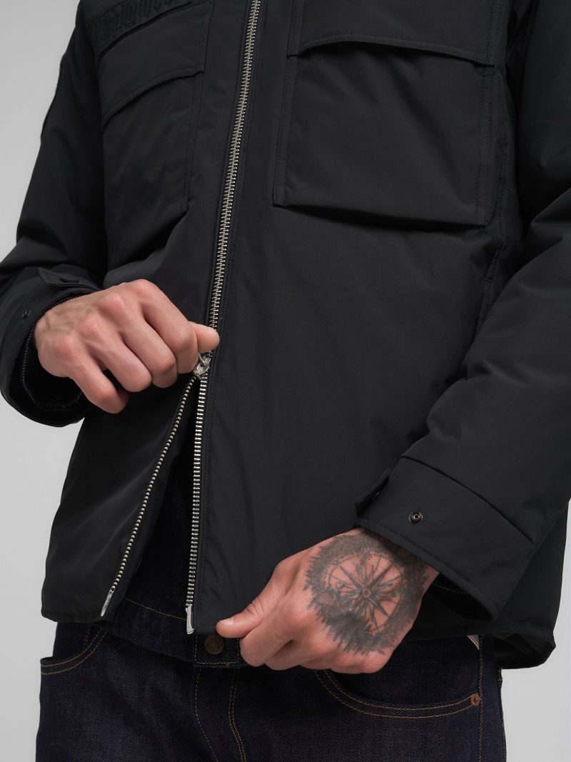padded rider jacket with patch black nylon twill