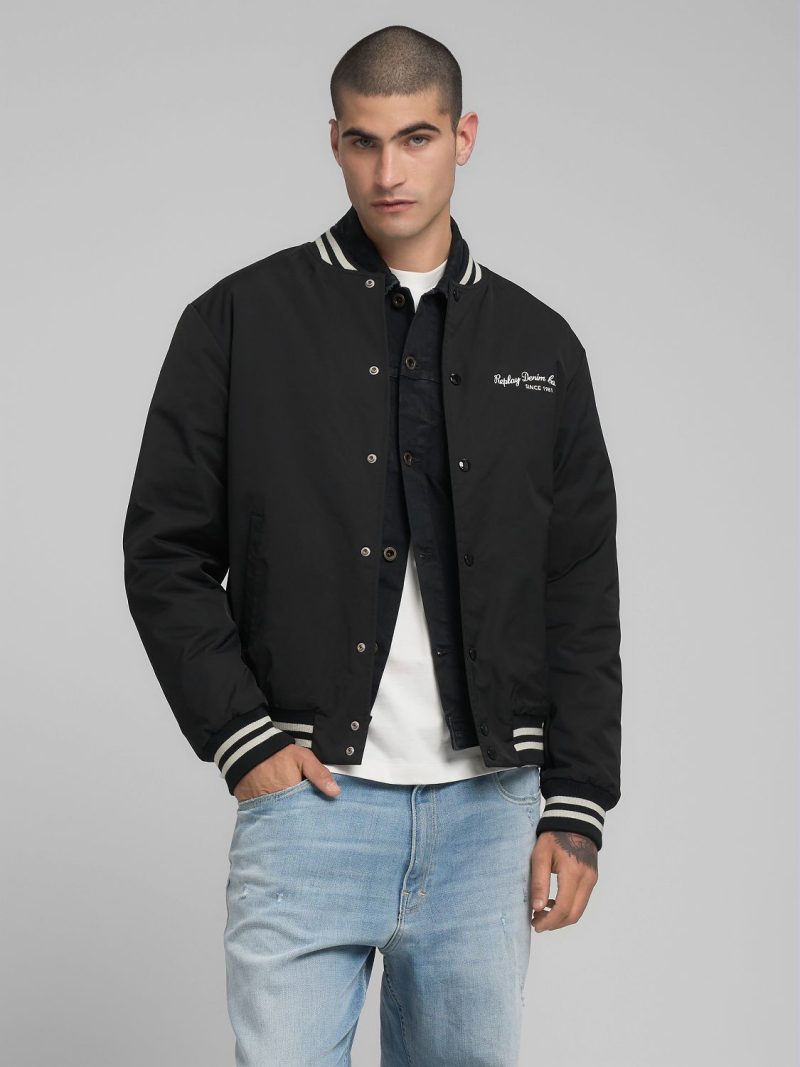 twill varsity black bomber jacket