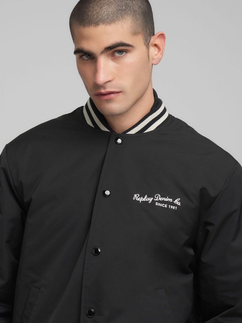 twill varsity black bomber jacket