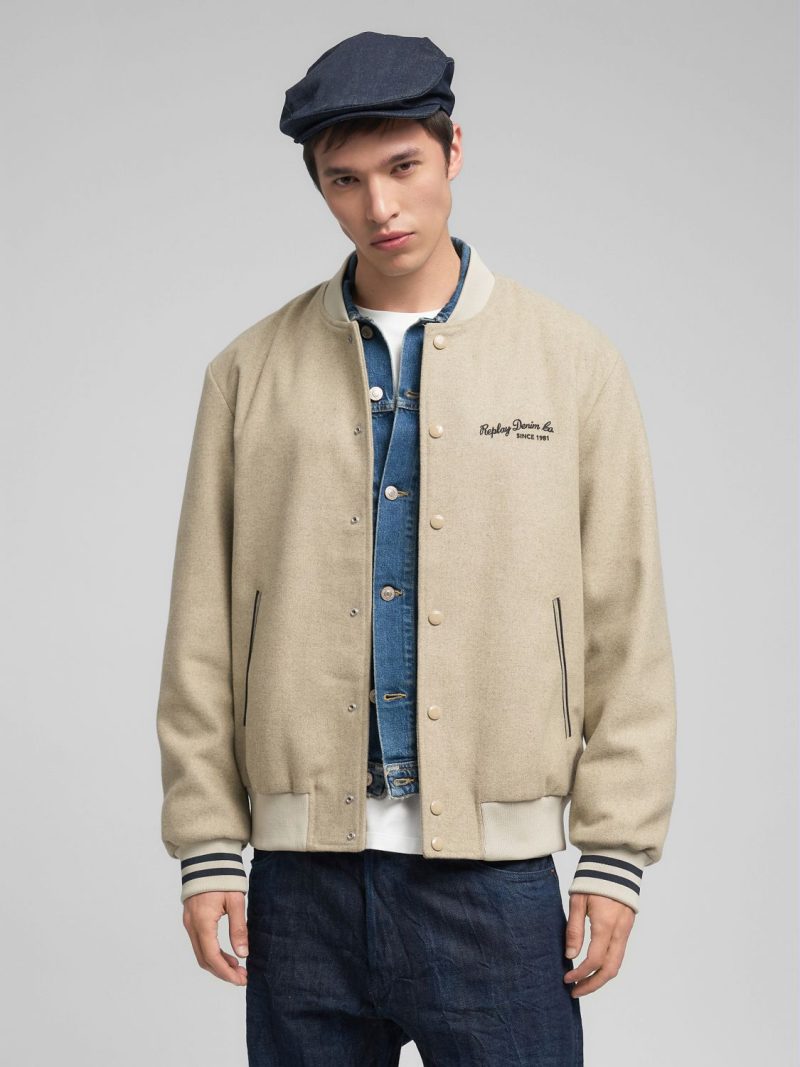 wool blend sand varsity bomber jacket